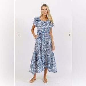 MIRTH Blue & White Hand Block Print Maxi Dress | Cotton Size XS